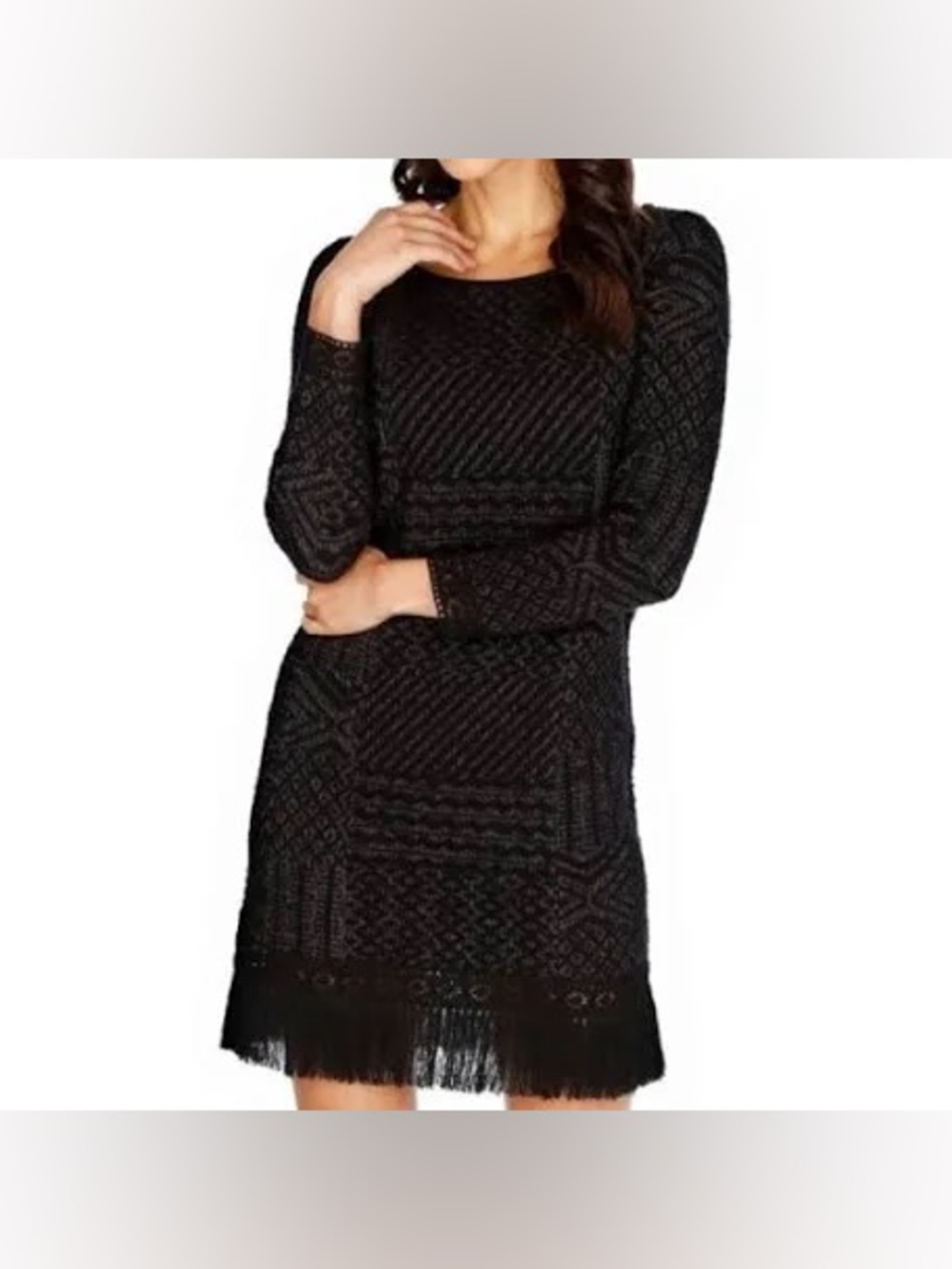 Lucky Brand Black Fringe Knit 3/4 sleeve Dress Large